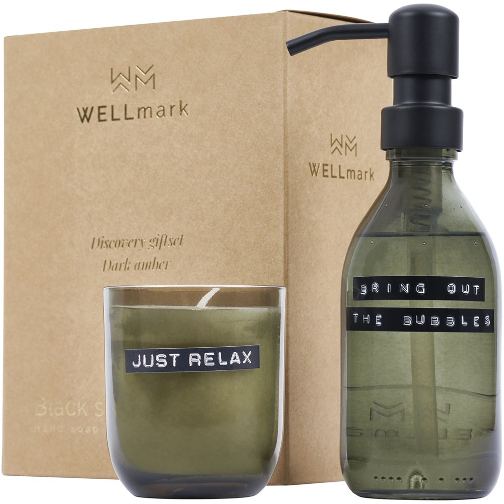 Wellmark Discovery Seifenspender und Duftkerze ´dunkler Bernstein´-Set, 200 ml (Seifenspender) und 1